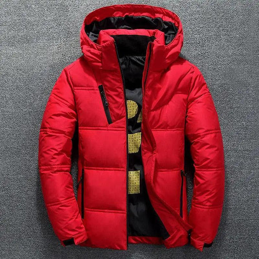 Stevvex men's red puffer jacket with hood, quilted warmth, zip pockets on Tampa Home & Garden Store