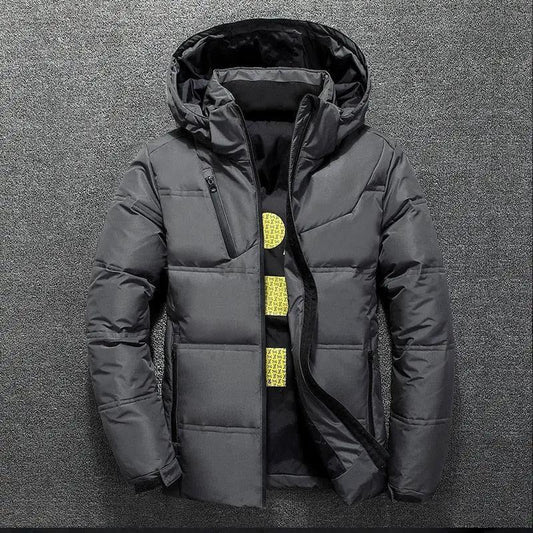 Stevvex men's gray hooded puffer parka with front zipper on Tampa Home & Garden Store
