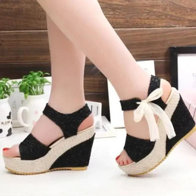 Stevvex ST17522JRI wedge sandals black fabric ankle straps with white bow wooden platform espadrille on Tampa Home & Garden Store