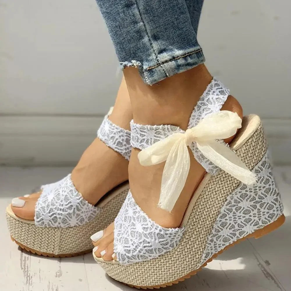 Stevvex ST17522JRI white lace platform wedge sandals with ankle bow ties on espadrille sole on Tampa Home & Garden Store
