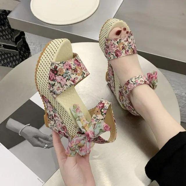 Stevvex floral wedge sandals for women with cream woven sole and bow accents (pair) on Tampa Home & Garden Store