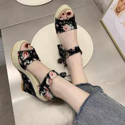Stevvex floral black wedge sandals with ankle-tie bow and woven jute sole, pair on Tampa Home & Garden Store