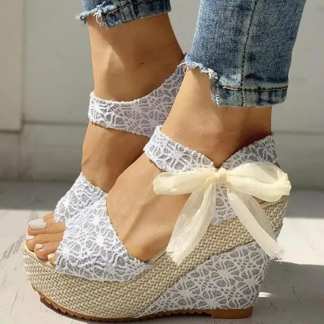 Stevvex white lace wedge sandals with ankle strap and bow, woven jute platform on Tampa Home & Garden Store