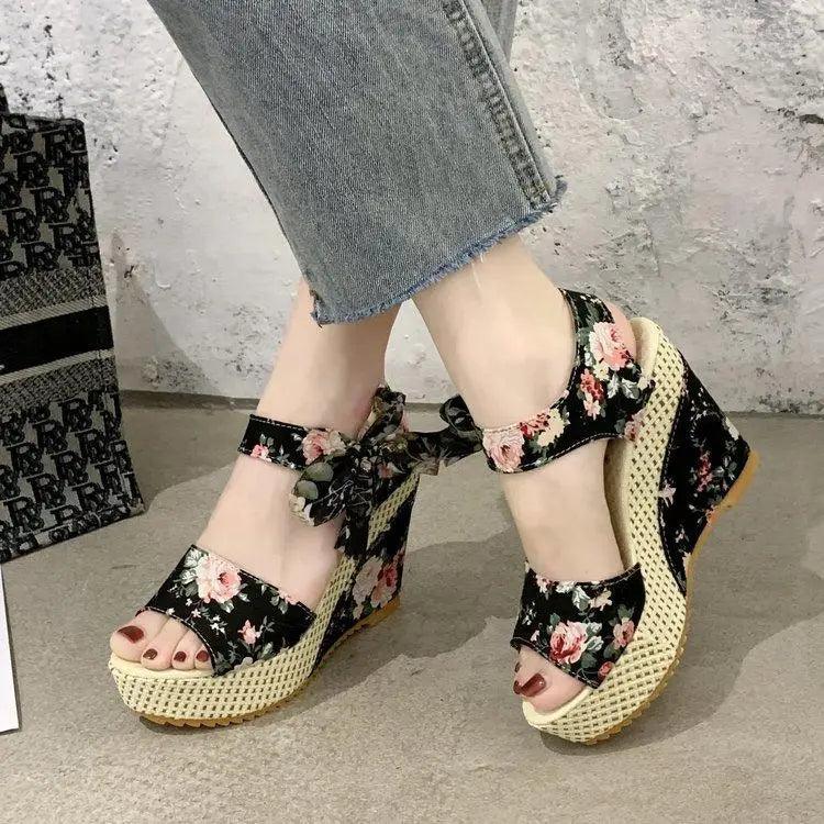ST17522JRI Stevvex floral black wedge sandals with ankle straps and woven espadrille platform on Tampa Home & Garden Store