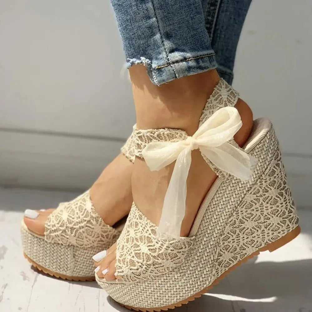 Lace wedge sandals with ankle tie in cream beige espadrille style on Tampa Home & Garden Store