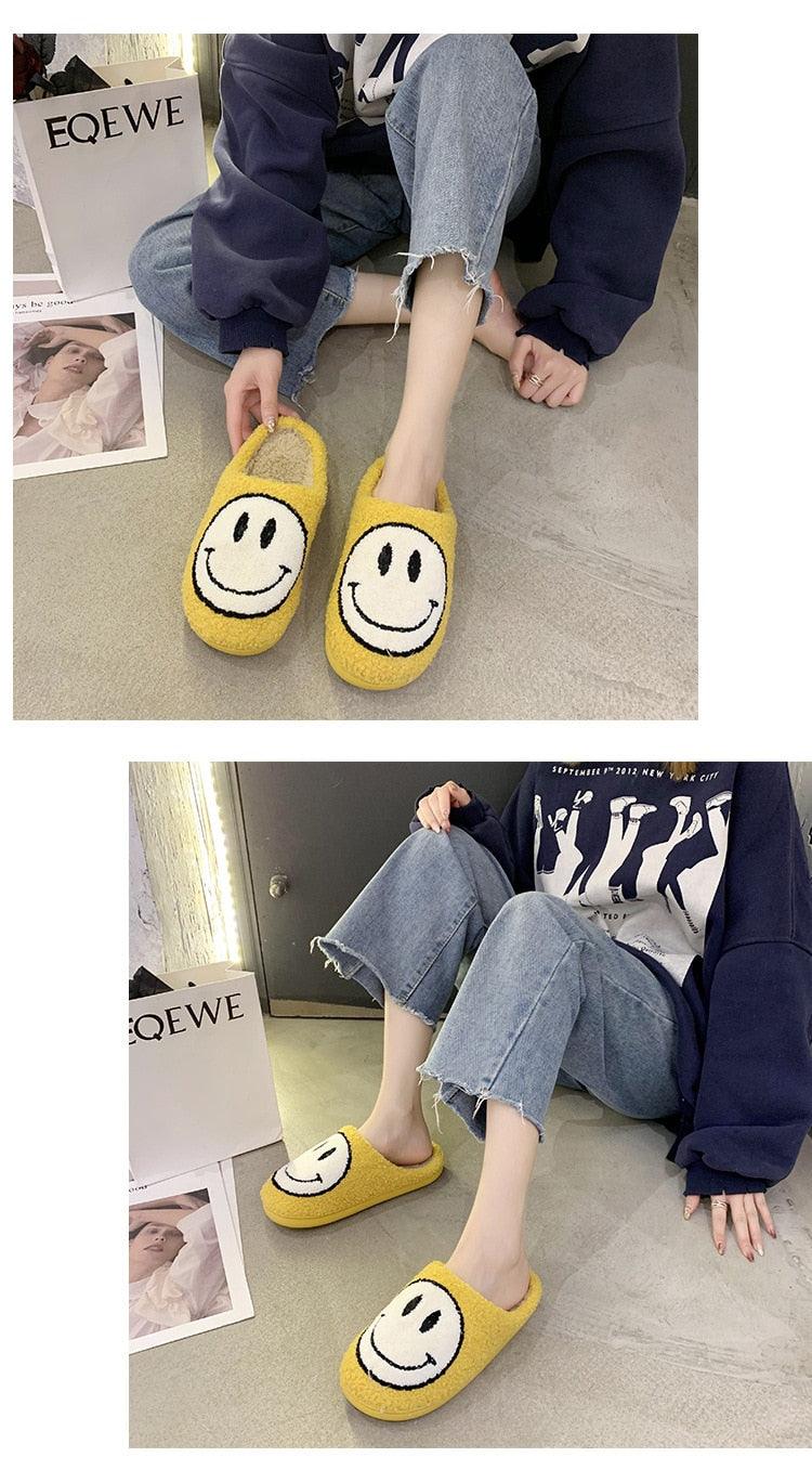 Stevvex women's yellow plush smiley-face slippers, cozy indoor footwear, pair on Tampa Home & Garden Store