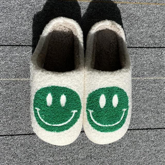 Stevvex white plush slippers with green smiley faces, fluffy lining, indoor slip-ons pair on Tampa Home & Garden Store
