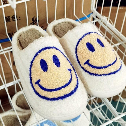 Smiley-face slippers Stevvex white plush with blue outline fluffy fur-lined indoor slippers on Tampa Home & Garden Store