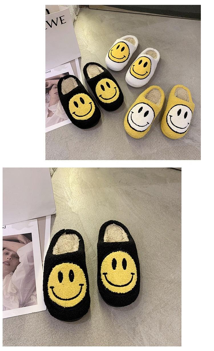 Three pairs of smiley-face plush slippers in black, white, and yellow with fluffy inner lining on Tampa Home & Garden Store
Black smiley-face plush slippers with fuzzy lining, slip-on indoor slippers close-up on Tampa Home & Garden Store
