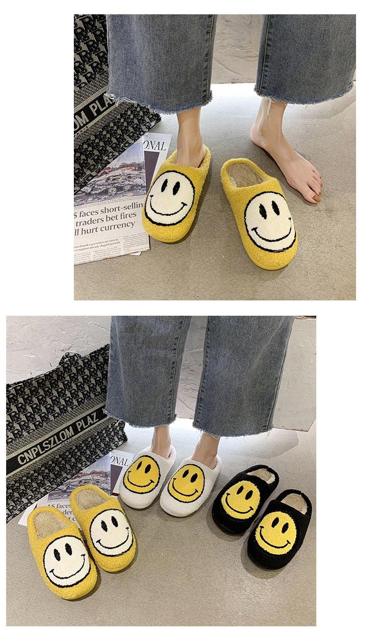 Stevvex smiley-face yellow plush slip-ons with fluffy lining, two slippers shown on Tampa Home & Garden Store
Stevvex smiley-face plush slippers in yellow white and black, 3 pairs for indoor wear on Tampa Home & Garden Store
