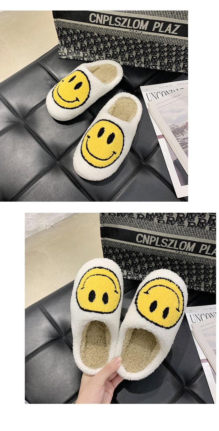 Stevvex white fluffy slippers with yellow smiley face, plush lining, pair indoor wear on Tampa Home & Garden Store