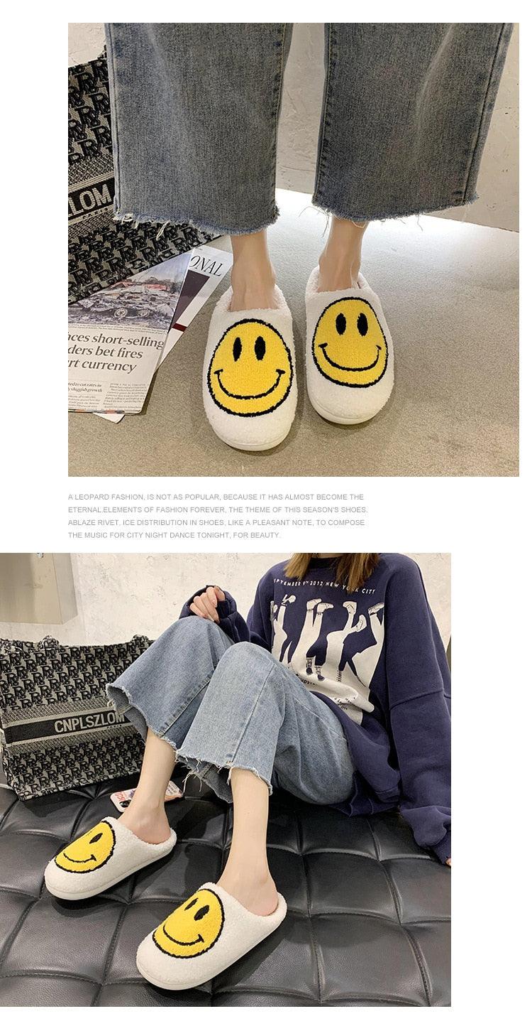 Smiley-face slippers for women by Stevvex, white plush slip-ons with yellow smiley face on Tampa Home & Garden Store