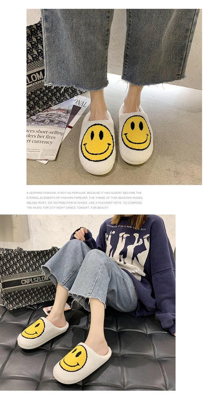 Smiley-face slippers for women by Stevvex, white plush slip-ons with yellow smiley face on Tampa Home & Garden Store