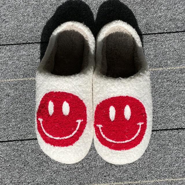 Stevvex white smiley-face slippers with red smiley print fluffy lining indoor house slippers on Tampa Home & Garden Store