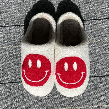 Stevvex white smiley-face slippers with red smiley print fluffy lining indoor house slippers on Tampa Home & Garden Store