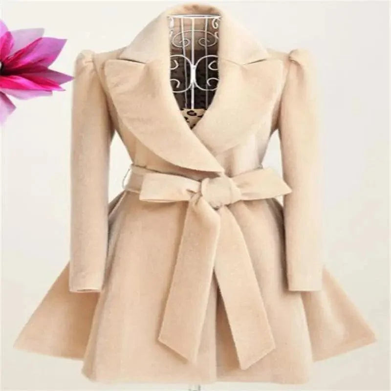Beige Stevvex woolen windbreaker overcoat with wide lapels and waist belt on Tampa Home & Garden Store