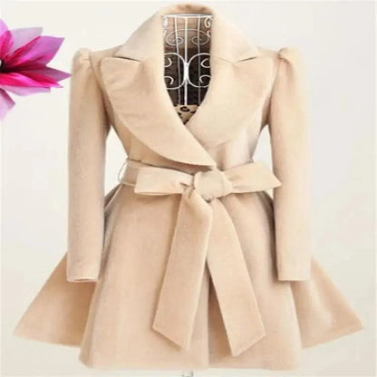 Beige Stevvex woolen windbreaker overcoat with wide lapels and waist belt on Tampa Home & Garden Store