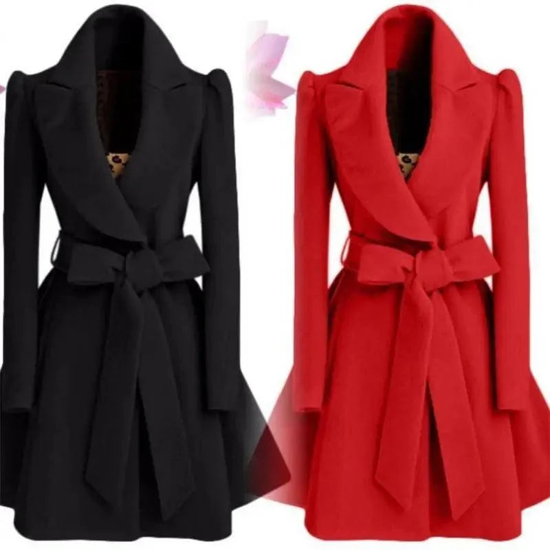Womens woolen windbreaker overcoat in black and red with belted waist long coat on Tampa Home & Garden Store