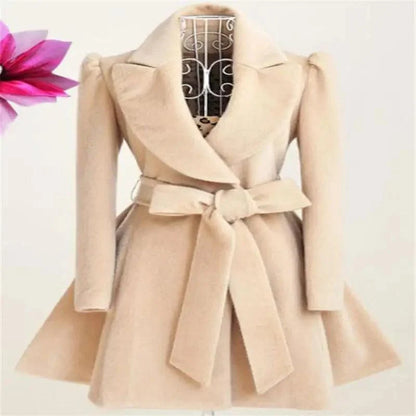 Beige women's woolen windbreaker overcoat with wide lapels and belt on mannequin on Tampa Home & Garden Store