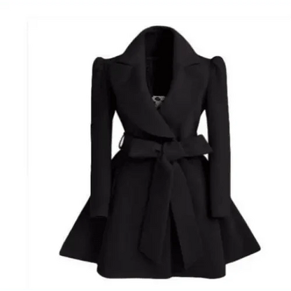 Stevvex women's woolen windbreaker overcoat black belted long coat with wide lapels on Tampa Home & Garden Store