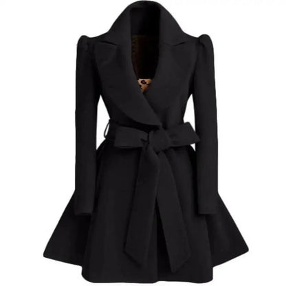 Women's black woolen windbreaker overcoat with wide lapels, belted waist, and flared hem on Tampa Home & Garden Store