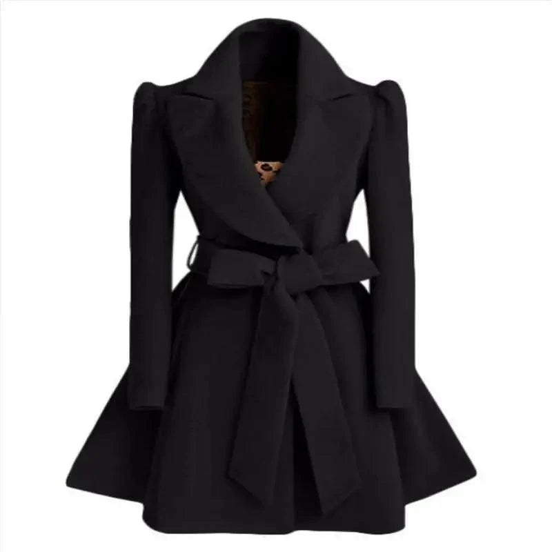 Stevvex black woolen windbreaker overcoat with wide shawl collar, belted waist, flared hem on Tampa Home & Garden Store