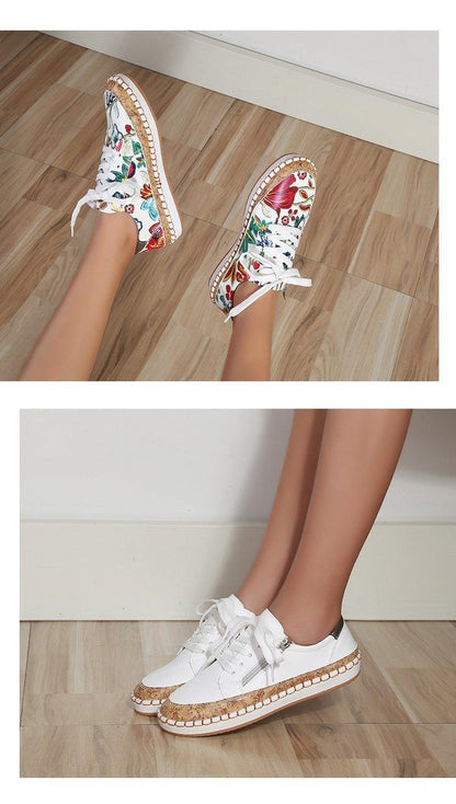 Women's colorful flower print lace-up sneakers pair with white sole and cork trim midsole on Tampa Home & Garden Store
White lace-up casual sneakers with cork-trim sole for a sporty walking style on Tampa Home & Garden Store