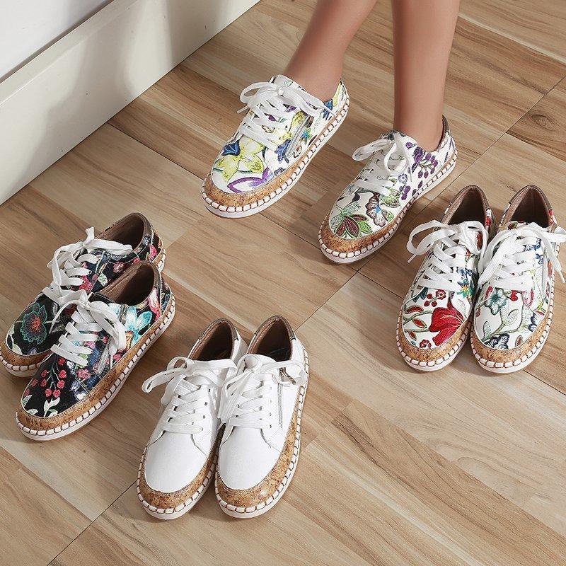 Women's floral print lace-up sneakers with cork-edged sole, five pairs on Tampa Home & Garden Store