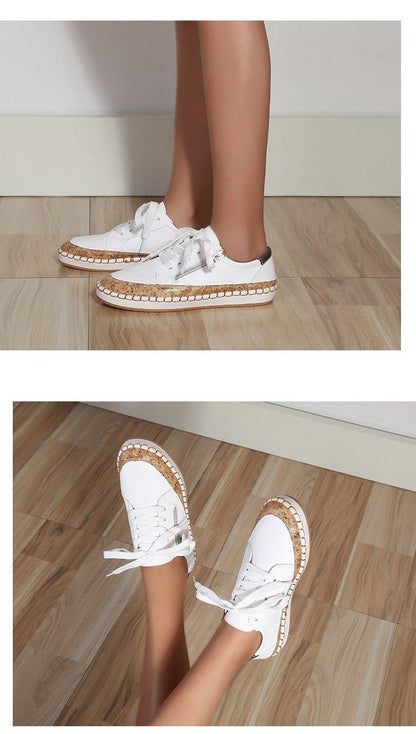 Stevvex white lace-up sneakers pair with cork-stitched midsole and woven jute trim on Tampa Home & Garden Store