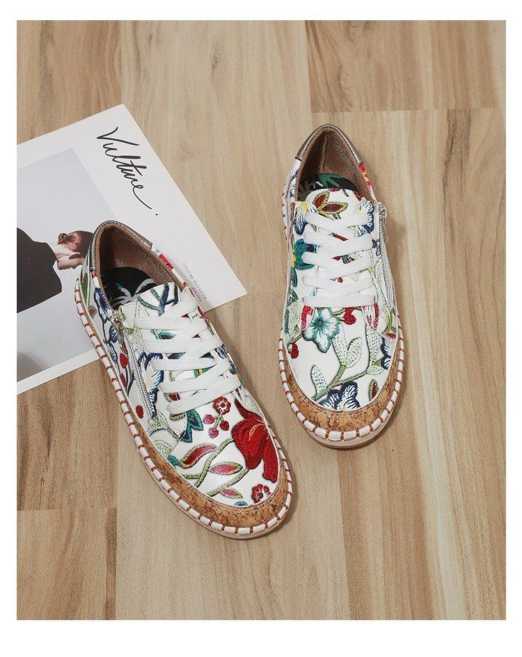 Stevvex floral print sneakers pair, white canvas with flowers, lace-up casual flats on Tampa Home & Garden Store