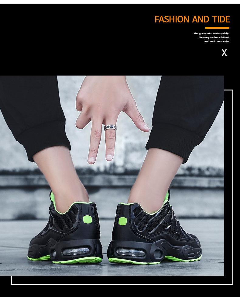 Stevvex ST85SH3720SKY sneakers, black upper with neon green accents, back view on Tampa Home & Garden Store