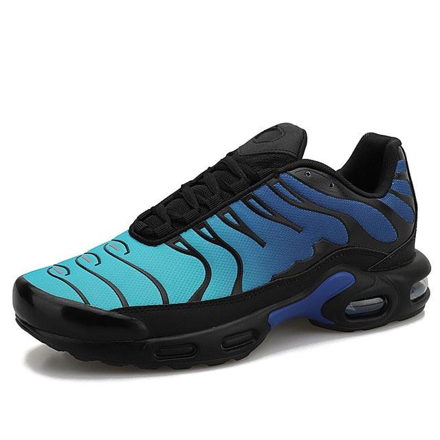 Stevvex men's running sneakers with cyan blue upper, black overlays and cushioned midsole on Tampa Home & Garden Store