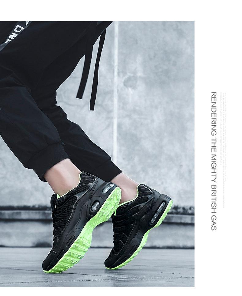Stevvex men's running sneakers pair, black upper with neon green sole on Tampa Home & Garden Store