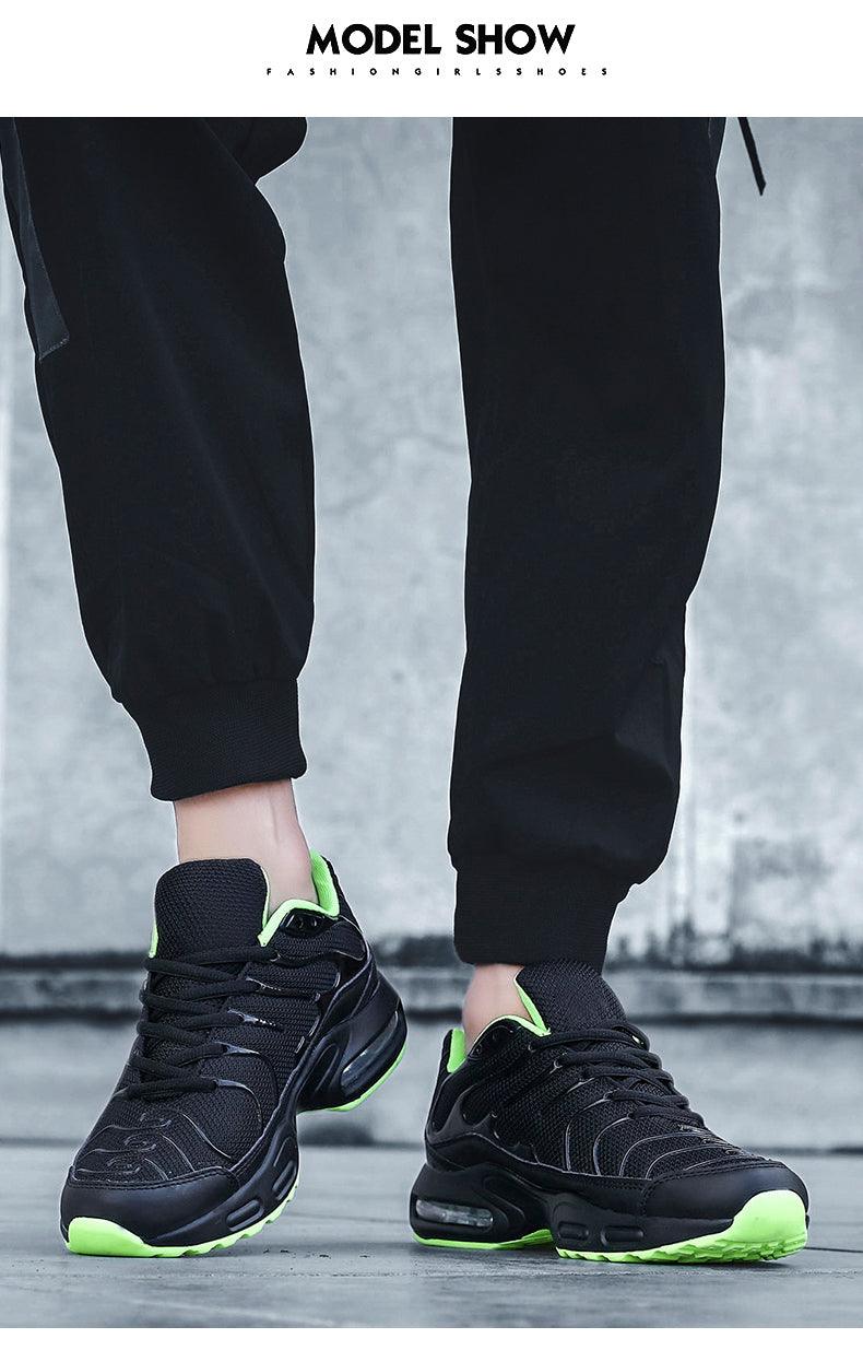 Stevvex ST85SH3720SKY men's running sneakers, black upper with neon lime accents, cushioned sole on Tampa Home & Garden Store