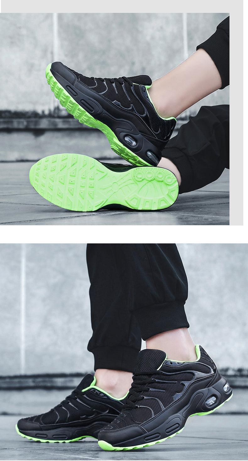 Stevvex sneakers, black mesh upper with neon lime sole, cushioned running shoes on Tampa Home & Garden Store