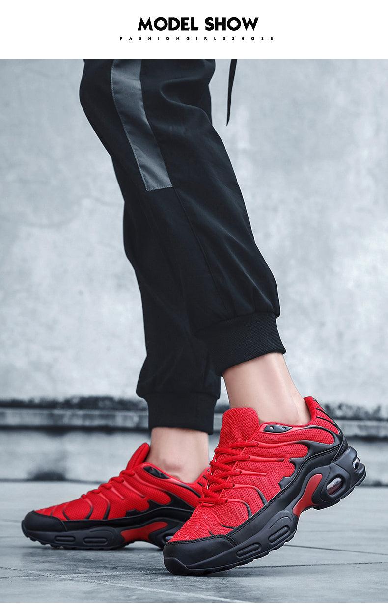 pair of red breathable mesh running sneakers with black sole, athletic training shoes on joggers on Tampa Home & Garden Store