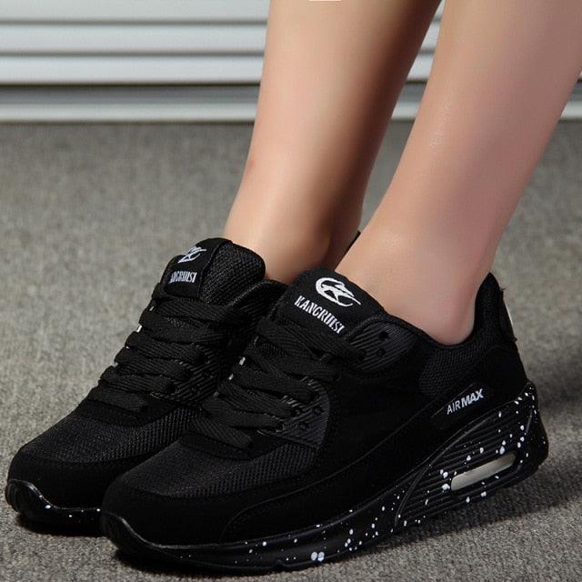 Stevvex black platform sneakers for women with mesh upper and speckled midsole on Tampa Home & Garden Store