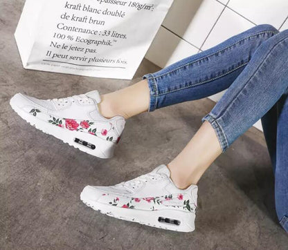 Stevvex white platform sneakers with pink floral embroidery casual lace-up walking shoes on Tampa Home & Garden Store