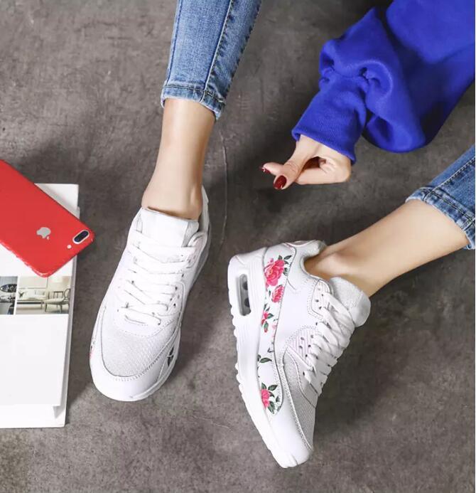Stevvex white platform sneakers with floral side panels, casual lace-up walking shoes on Tampa Home & Garden Store