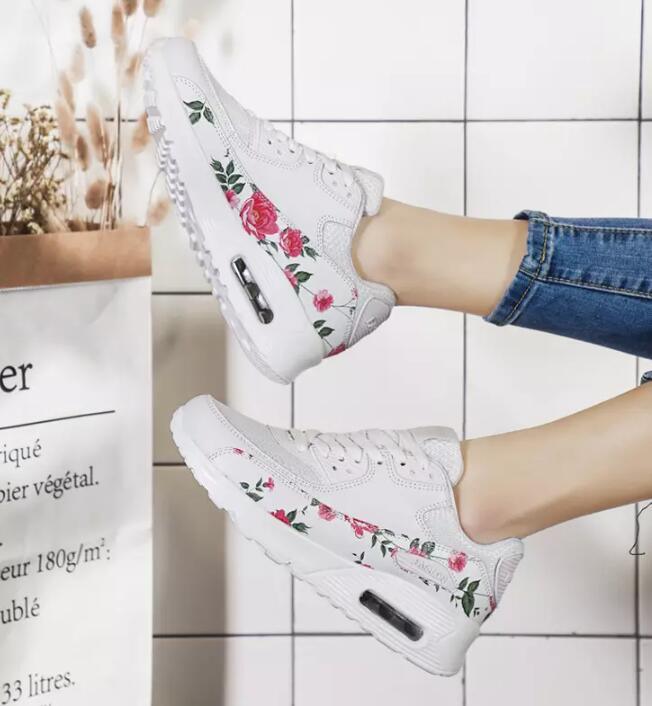Stevvex white platform sneakers with pink rose print, lace-up casual walking shoes on Tampa Home & Garden Store