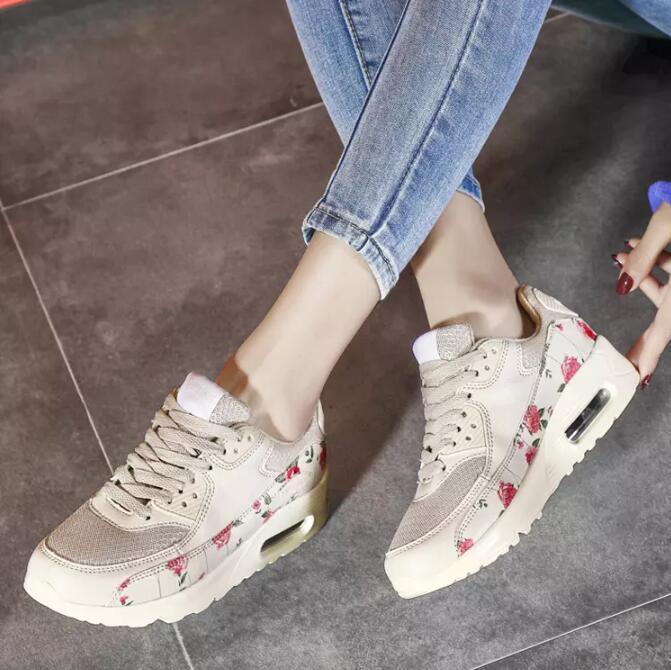 Stevvex cream platform sneakers with pink floral accents, lace-up casual walking shoes on Tampa Home & Garden Store