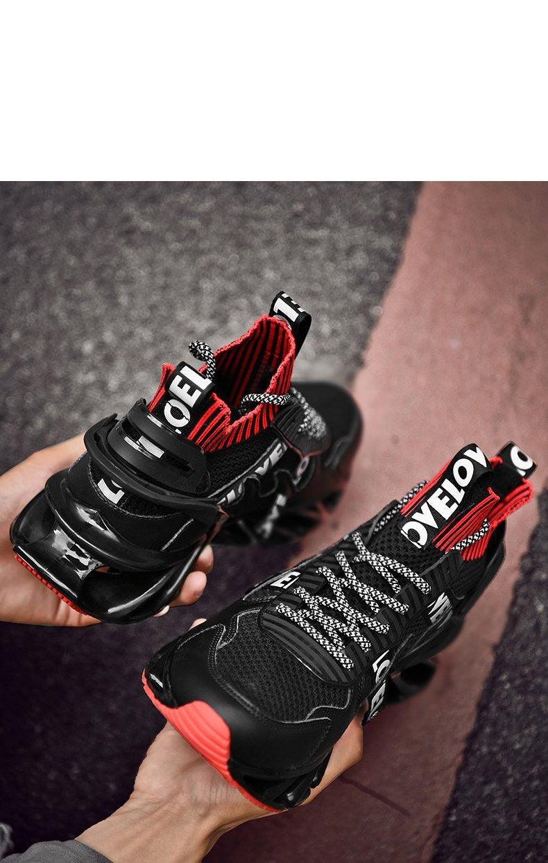 Stevvex pair of athletic sneakers in black with red trim, breathable mesh upper and rugged sole on Tampa Home & Garden Store