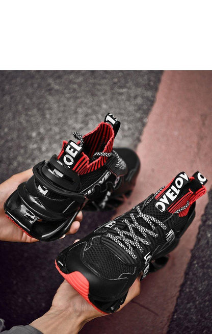 Stevvex pair of athletic sneakers in black with red trim, breathable mesh upper and rugged sole on Tampa Home & Garden Store