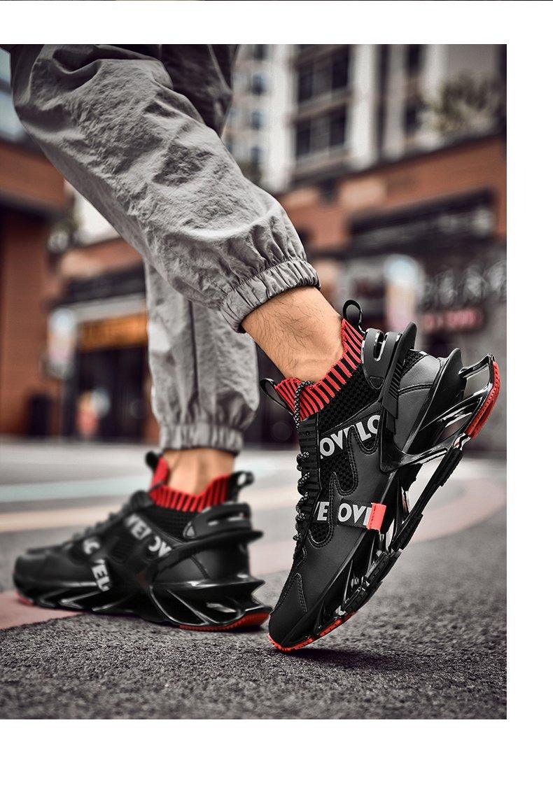 Stevvex running sneakers black with red knit collar and breathable mesh on Tampa Home & Garden Store