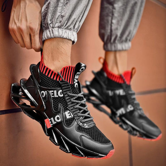 Stevvex running sneakers black breathable mesh upper, red collar, chunky non slip sole pair on Tampa Home & Garden Store