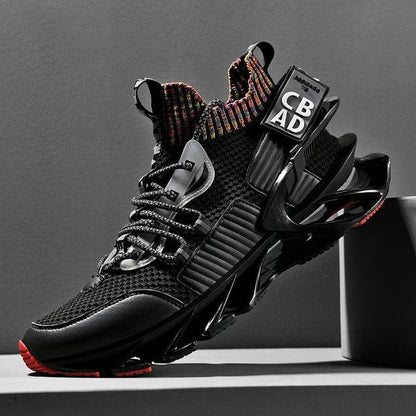 Stevvex black running sneakers with breathable mesh and chunky non-slip sole, knit collar on Tampa Home & Garden Store