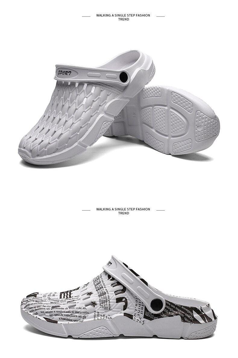 Stevvex sandals: white hollow-out clogs and newspaper-print slip-ons, two styles for summer on Tampa Home & Garden Store