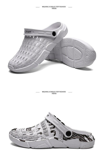 Stevvex sandals: white hollow-out clogs and newspaper-print slip-ons, two styles for summer on Tampa Home & Garden Store