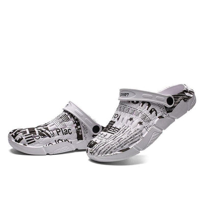 White newspaper-print slip-on sandals with hollow-out upper and gray anti-skid sole unisex on Tampa Home & Garden Store