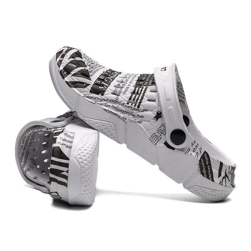 Sandals Stevvex white newspaper-print (2) with hollow-out design and anti-skid sole slip-on on Tampa Home & Garden Store